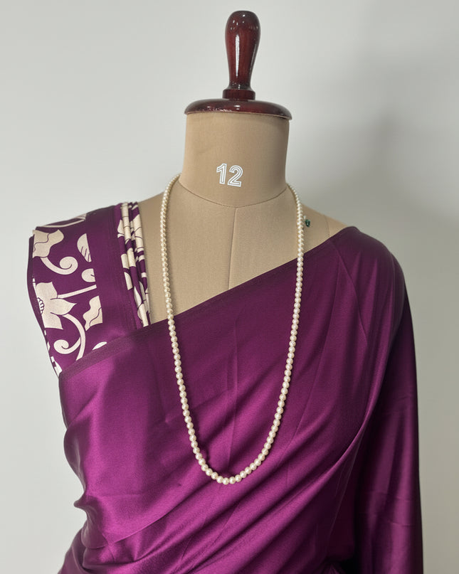 Wine kalamkari print modal satin crepe saree