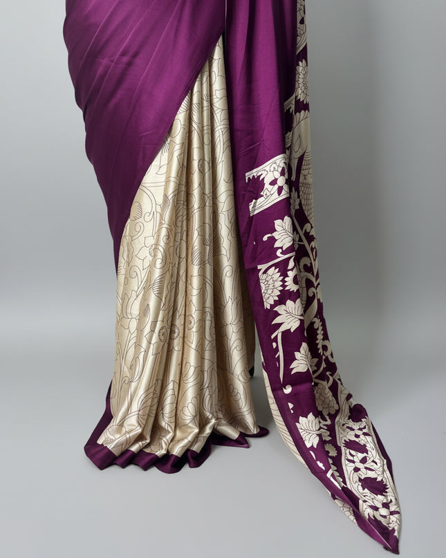 Wine kalamkari print modal satin crepe saree