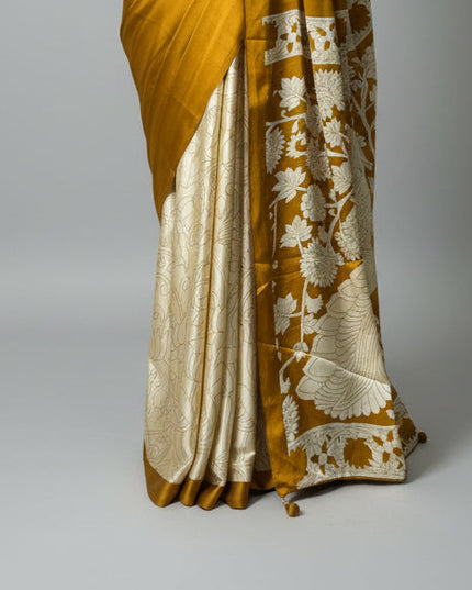 Dark mustard yellow kalamkari print modal satin crepe saree