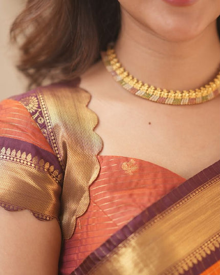 Rabiya Orange with maroon semi kanchi 102 silk saree