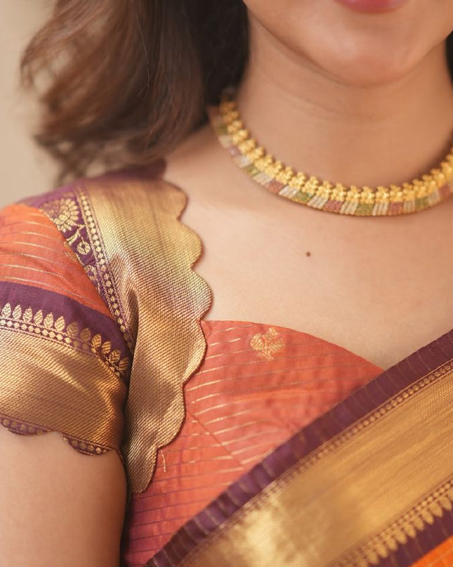 Rabiya Orange with maroon semi kanchi 102 silk saree