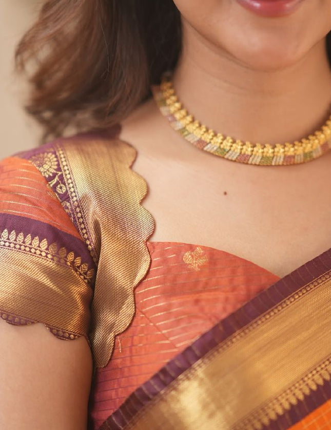 Rabiya Orange with maroon semi kanchi 102 silk saree