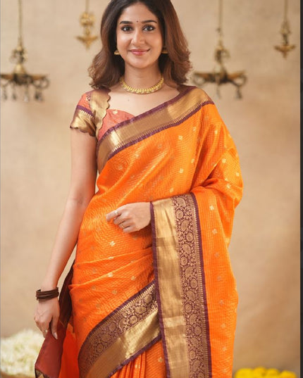 Rabiya Orange with maroon semi kanchi 102 silk saree