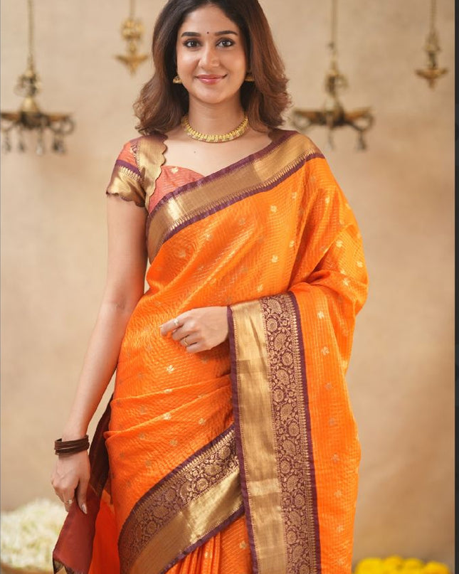 Rabiya Orange with maroon semi kanchi 102 silk saree