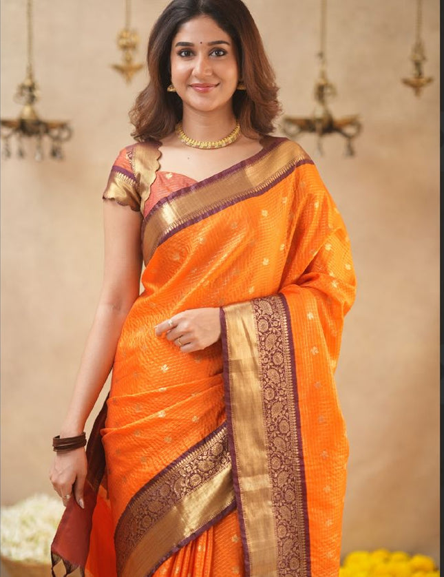 Rabiya Orange with maroon semi kanchi 102 silk saree