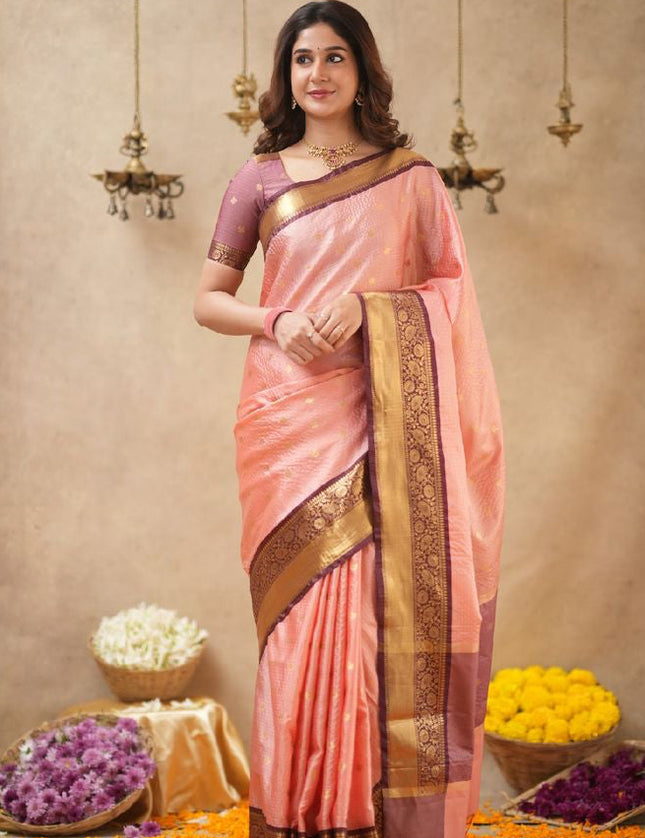 Rabiya pink with maroon semi kanchi 102 silk saree