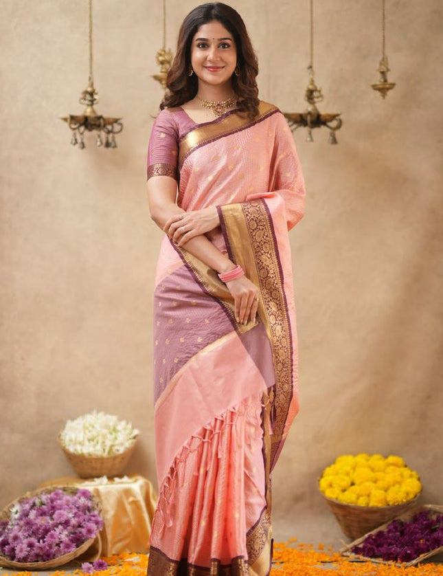 Rabiya pink with maroon semi kanchi 102 silk saree