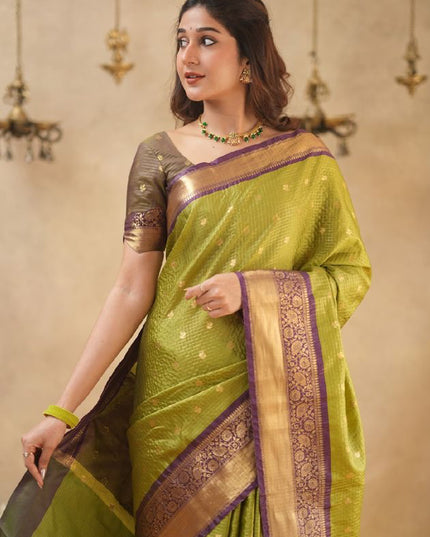 Rabiya Mehandi green with maroon semi kanchi 102 silk saree