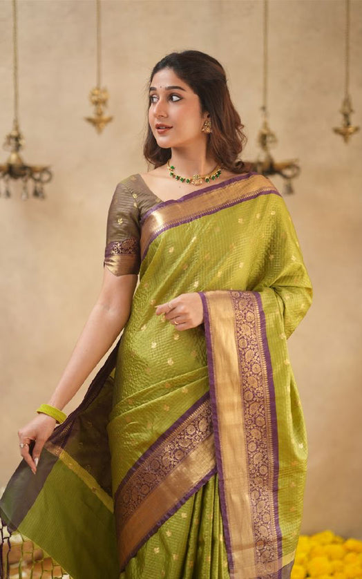 Rabiya Mehandi green with maroon semi kanchi 102 silk saree