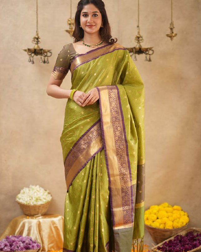 Rabiya Mehandi green with maroon semi kanchi 102 silk saree