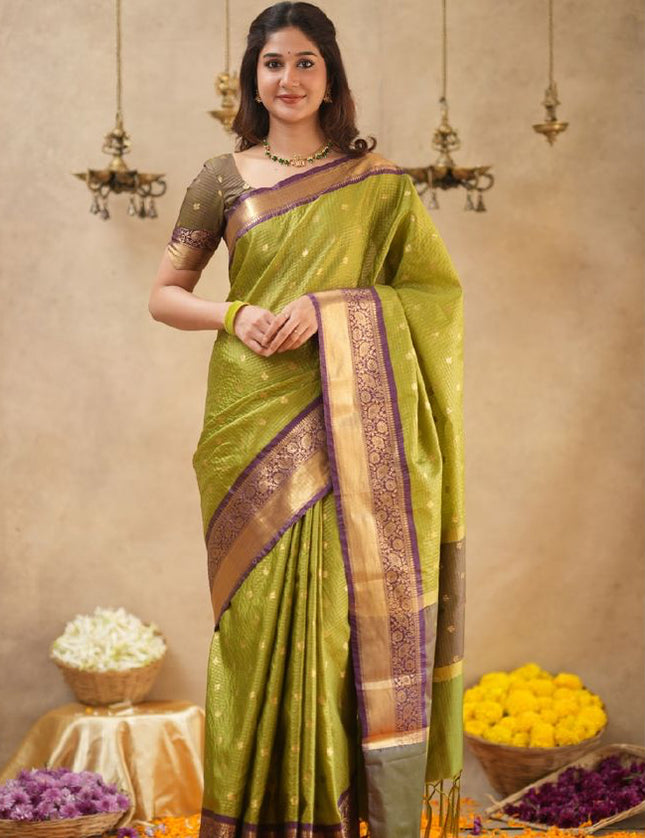 Rabiya Mehandi green with maroon semi kanchi 102 silk saree
