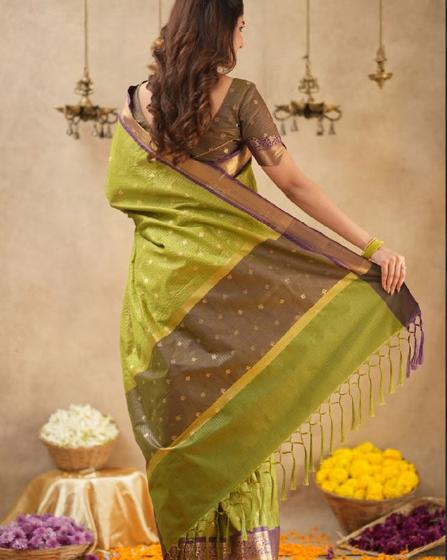 Rabiya Mehandi green with maroon semi kanchi 102 silk saree