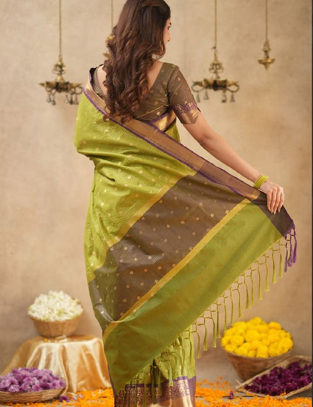 Rabiya Mehandi green with maroon semi kanchi 102 silk saree