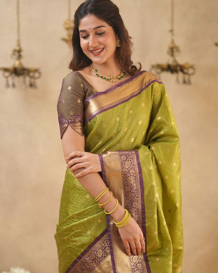 Rabiya Mehandi green with maroon semi kanchi 102 silk saree