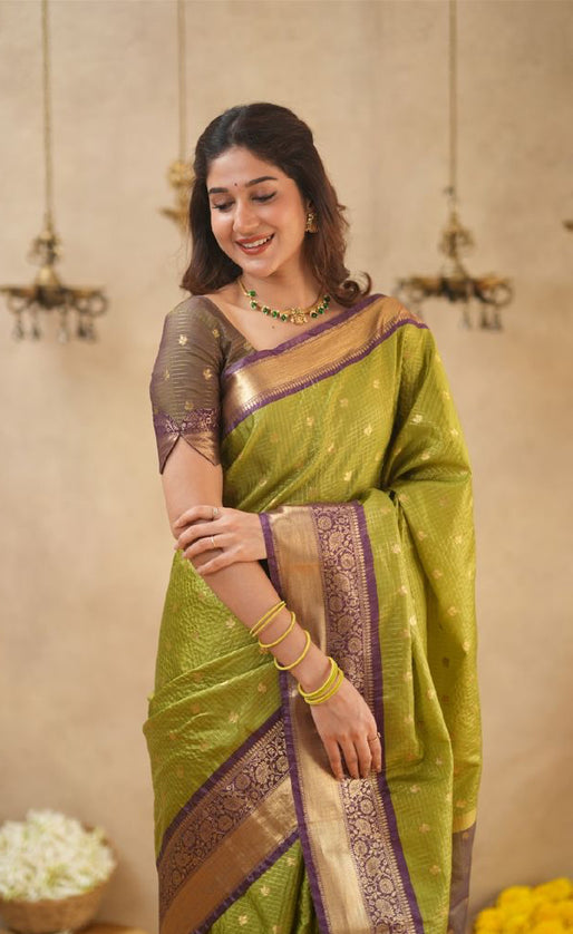 Rabiya Mehandi green with maroon semi kanchi 102 silk saree
