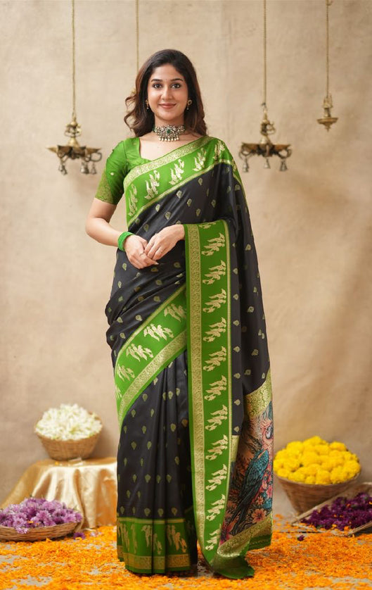 Rabiya black with green  soft silk silk saree