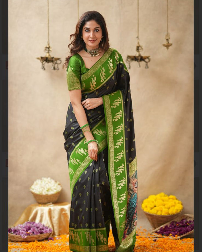 Rabiya black with green  soft silk silk saree