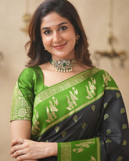 Rabiya black with green  soft silk silk saree