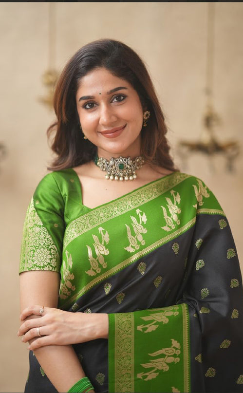 Rabiya black with green  soft silk silk saree