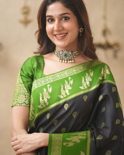 Rabiya black with green  soft silk silk saree