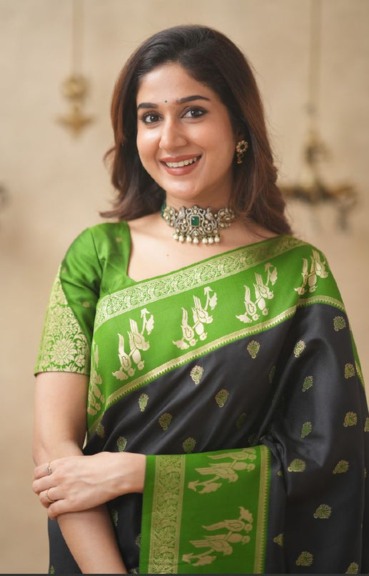Rabiya black with green  soft silk silk saree