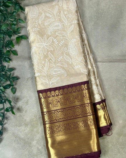 Dark brown Chikankari tissue kanchi saree
