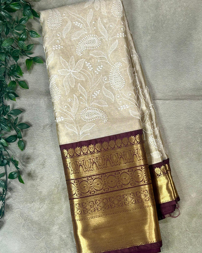 Dark brown Chikankari tissue kanchi saree