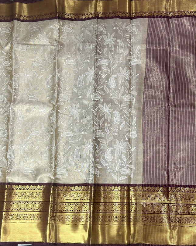Dark brown Chikankari tissue kanchi saree