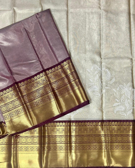 Dark brown Chikankari tissue kanchi saree