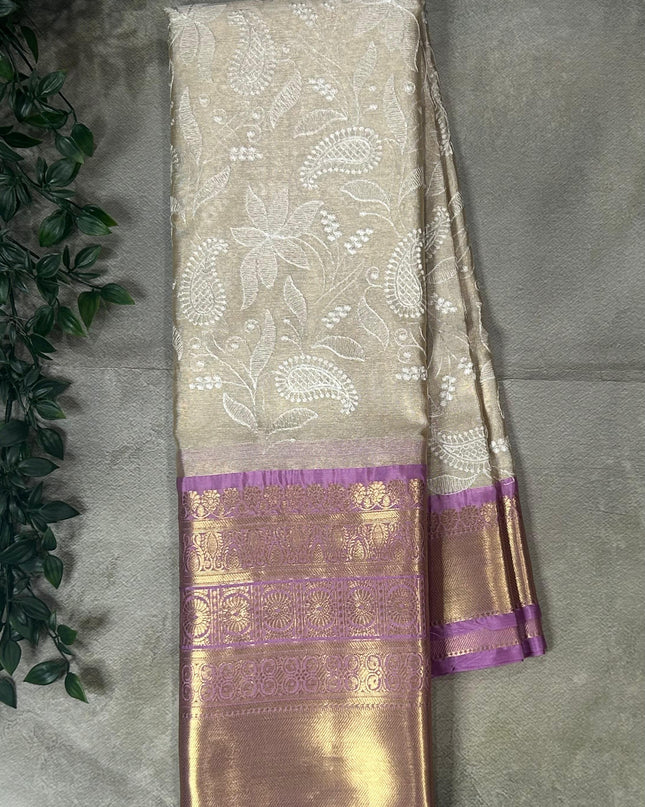 Light pink Chikankari tissue kanchi saree