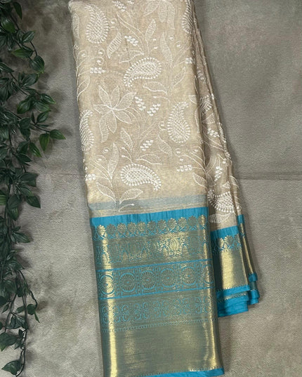 Blue Chikankari tissue kanchi saree