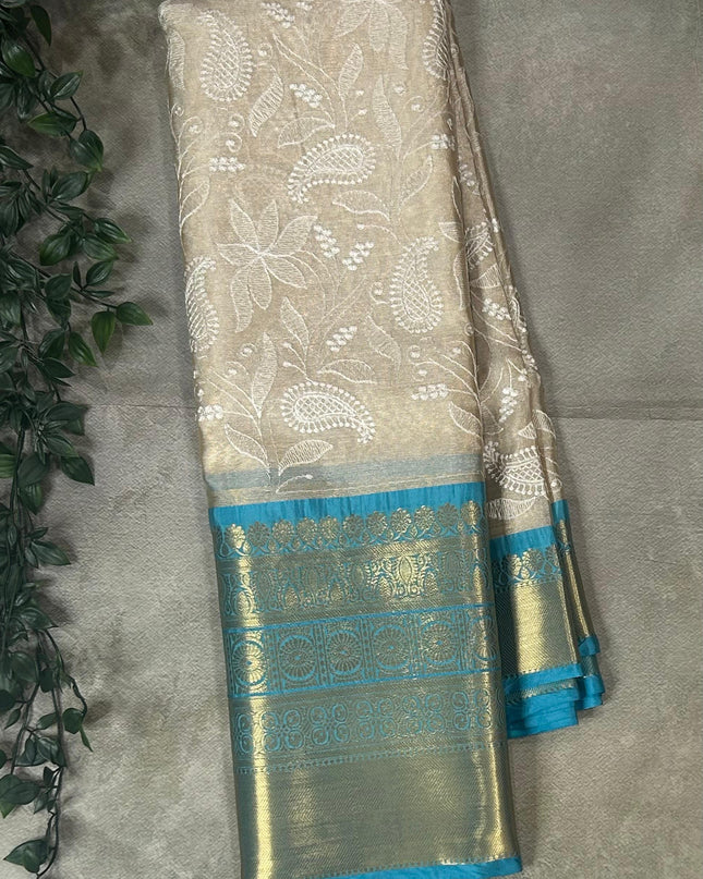 Blue Chikankari tissue kanchi saree