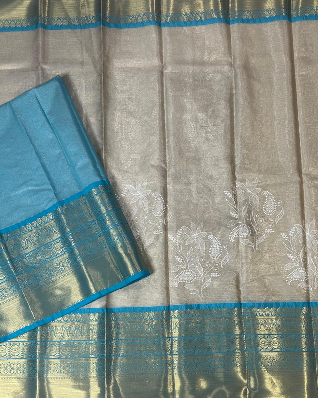 Blue Chikankari tissue kanchi saree