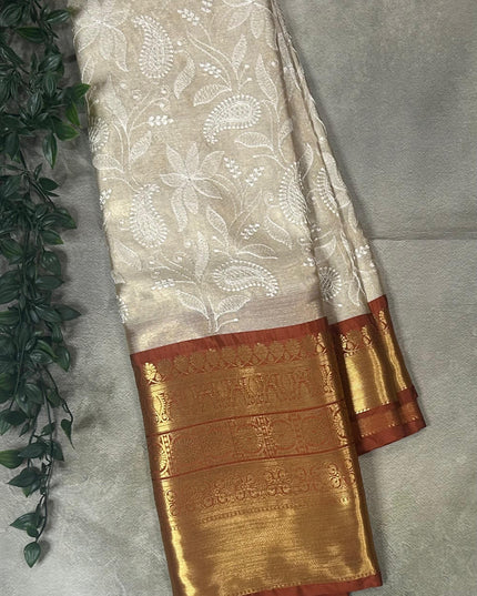 Rust orange Chikankari tissue kanchi saree