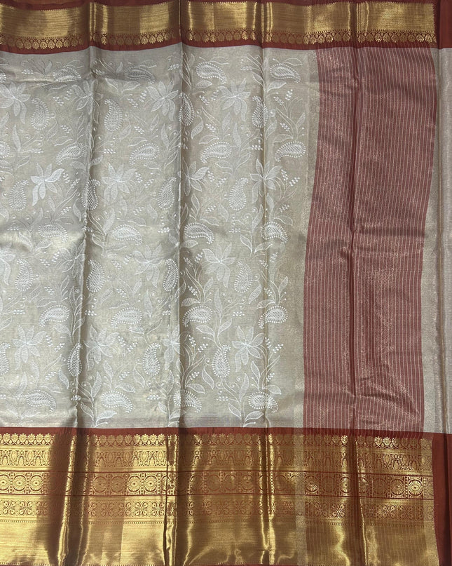 Rust orange Chikankari tissue kanchi saree