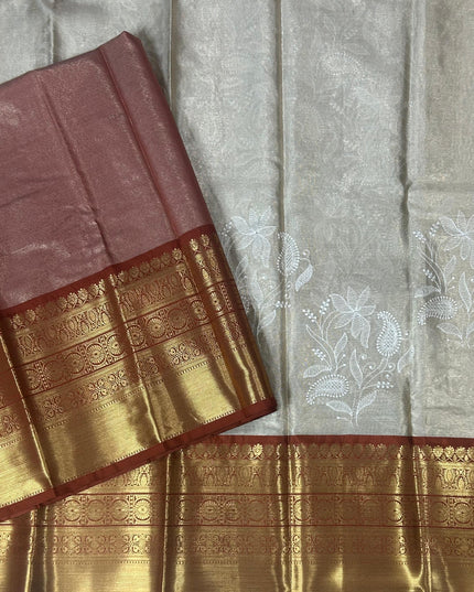 Rust orange Chikankari tissue kanchi saree