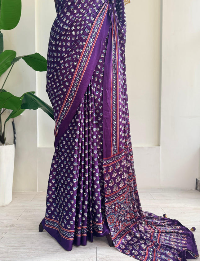 Purple Mirror work party wear saree MW101