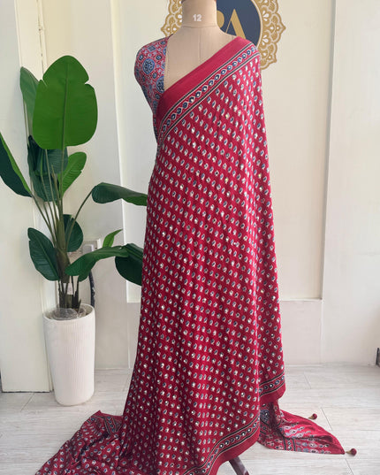 Red Mirror work party wear saree MW101