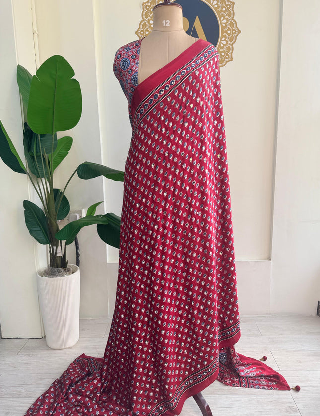 Red Mirror work party wear saree MW101