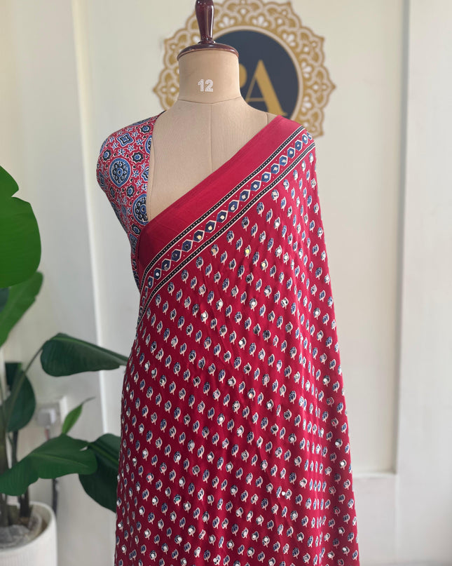 Red Mirror work party wear saree MW101