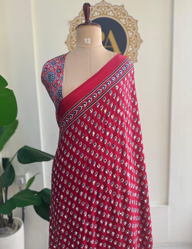 Red Mirror work party wear saree MW101