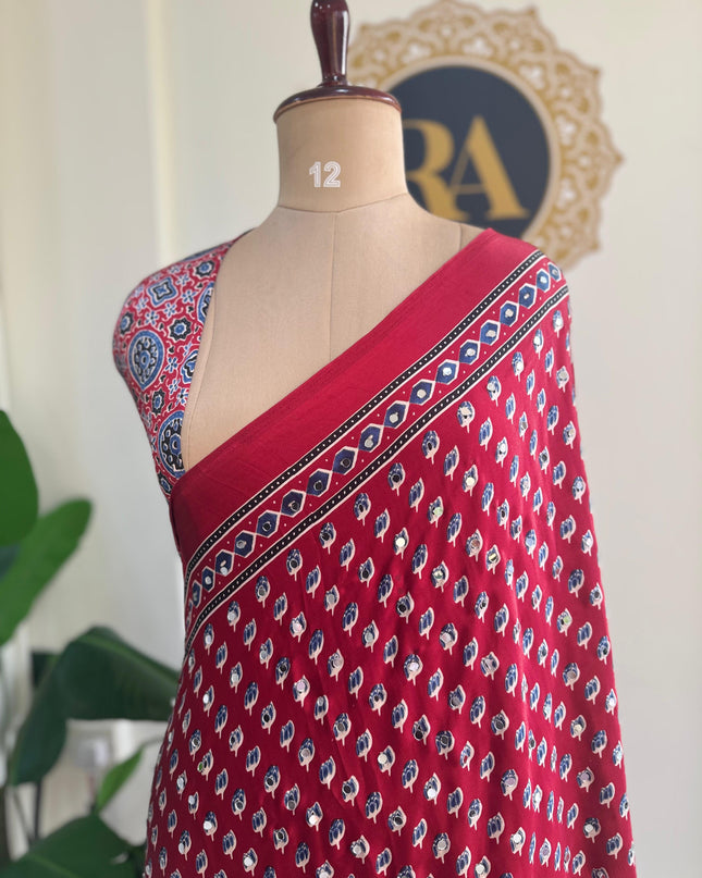 Red Mirror work party wear saree MW101