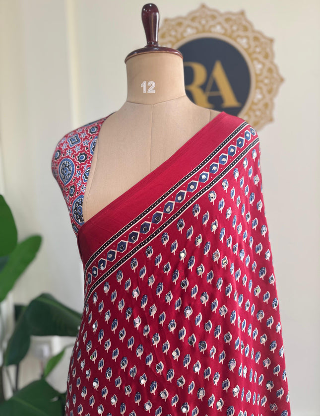Red Mirror work party wear saree MW101