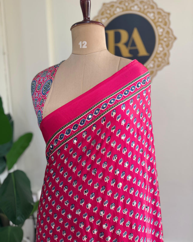 Pink Mirror work party wear saree MW101