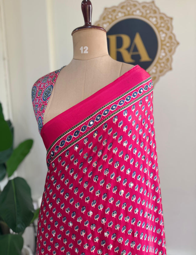 Pink Mirror work party wear saree MW101