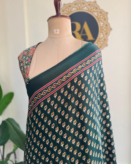 Green Mirror work party wear saree MW101