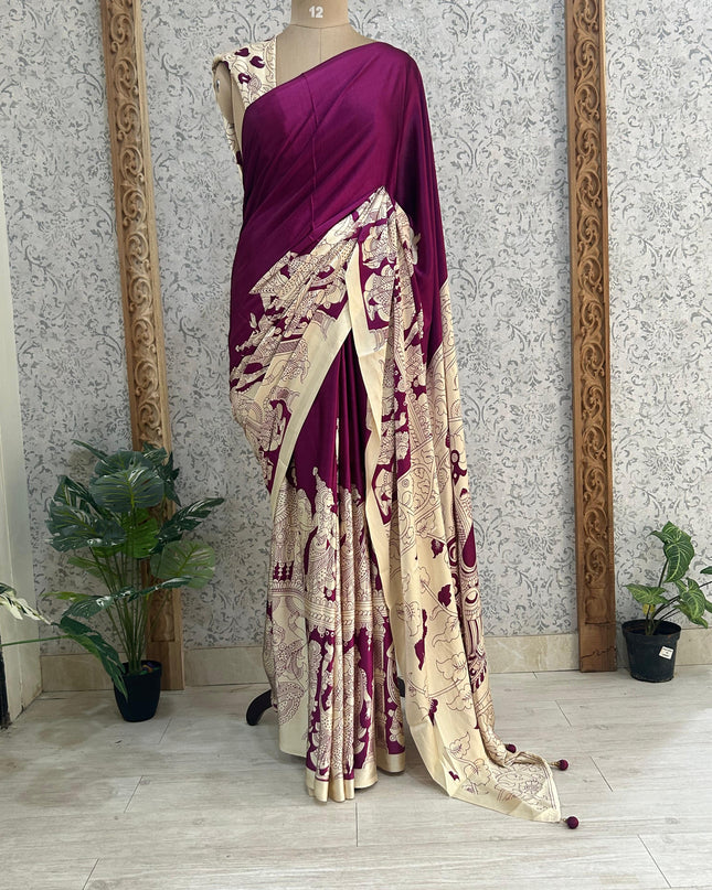 Purple satin crepe kalamkari-2 saree SK101