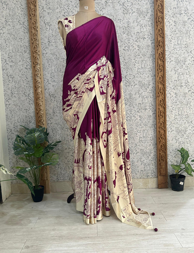 Purple satin crepe kalamkari-2 saree SK101