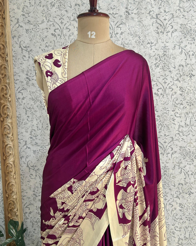 Purple satin crepe kalamkari-2 saree SK101