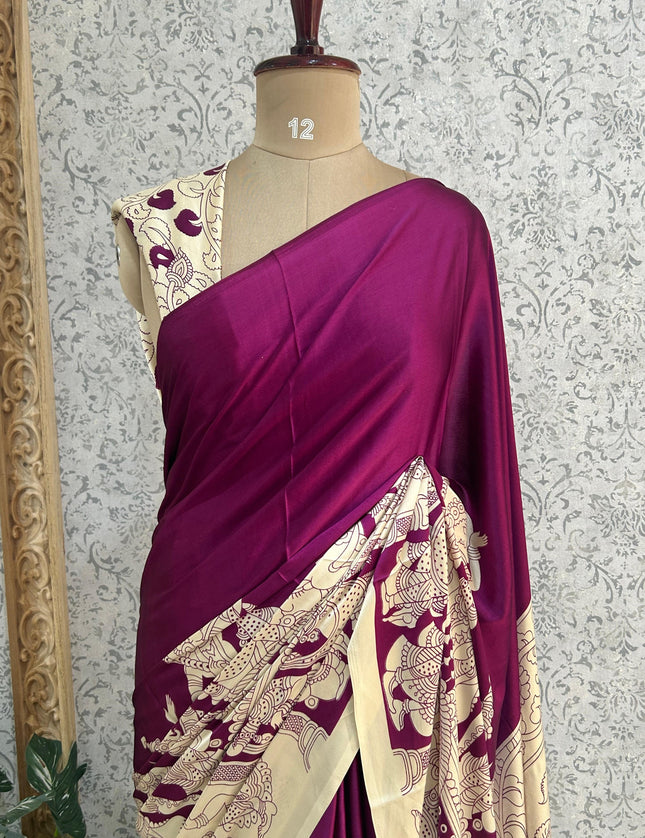Purple satin crepe kalamkari-2 saree SK101